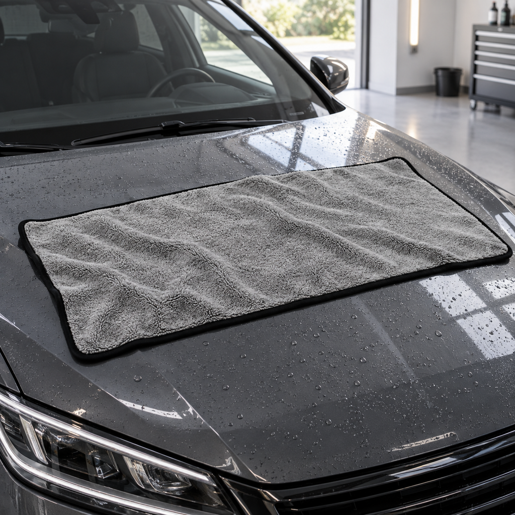 Serviette microfibre Reflet Auto XL grise à bordure noire, déployée sur un capot : mise en situation illustrative.