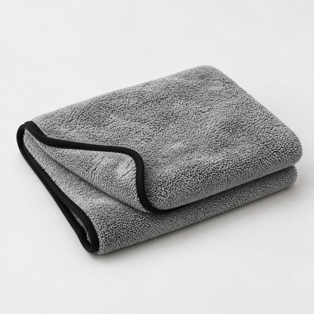 Une serviette microfibre Reflet Auto XL grise à bordure noire, pliée sur un fond clair.